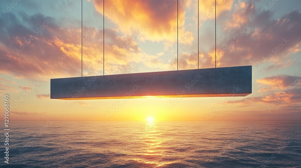 Poster a large rectangular beam suspended in the air against a breathtaking sunset over the ocean, symboliz