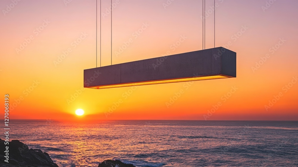 Poster a large rectangular beam suspended in the air against a breathtaking sunset over the ocean, symboliz