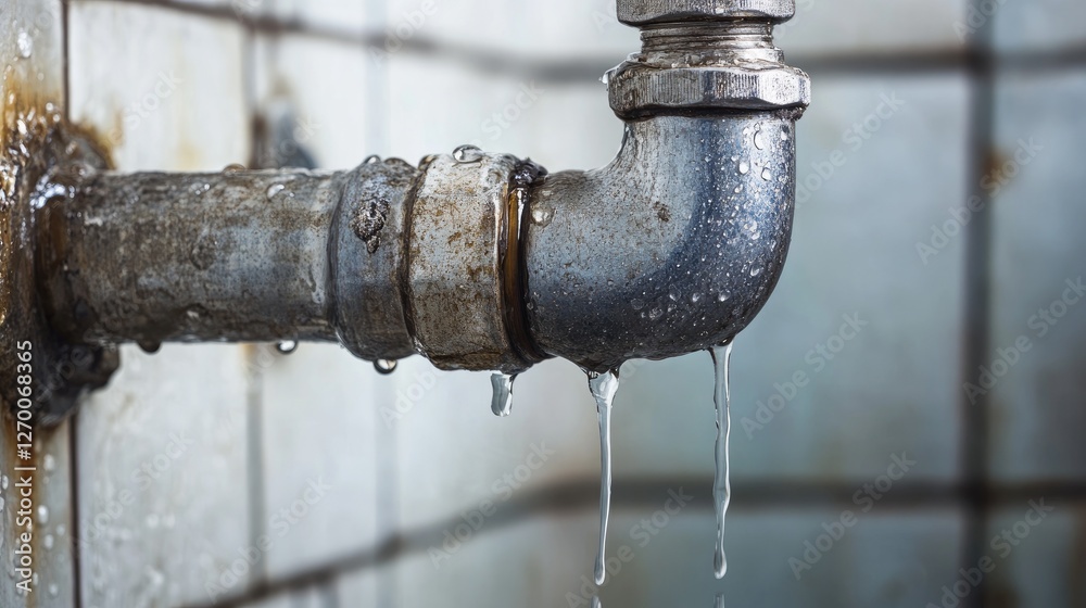 Poster a leaking pipe joint with water dripping in an apartment bathroom, emphasizing the importance of tim