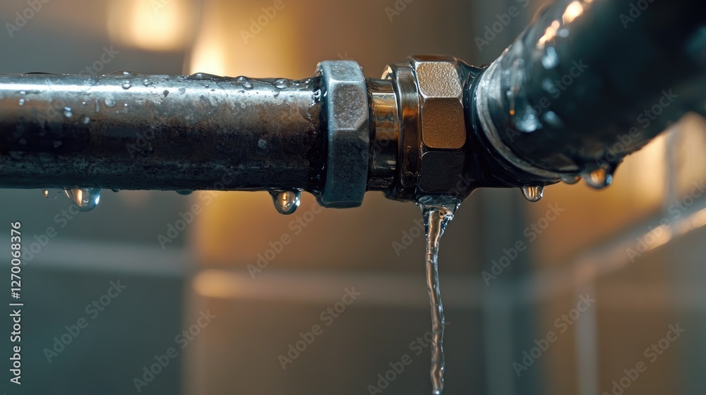 Poster a leaking pipe joint with water dripping in an apartment bathroom, emphasizing the importance of tim