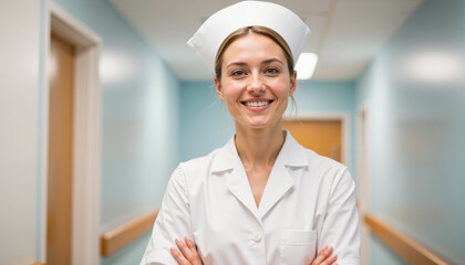 Smiling female nurse in uniform standing confidently in hospital corridor for healthcare professions portraits