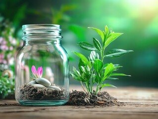 Sustainable Agriculture Exploring the Potential of Compostable Plastic Under Planting Soil with a Growing Seed This image showcases renewable materials in agriculture and the impact of biodegradable