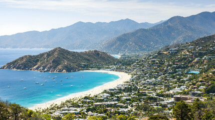 Obraz premium Coastal Town, Mountain View, Boats at Anchor, Turquoise Bay, Vacation Destination