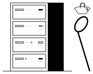 File cabinet with four locked drawers suggesting data security, safety, and organization. Magnifying glass represents search, inspection. Ideal for themes cybersecurity, information management