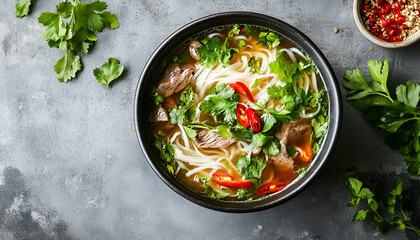 Vietnamese Pho Bo soup, bowl of fresh Asian soup with rice noodles, beef, herbs, soybean sprouts and chili on concrete background, top view, copy space. Delicious Asian food