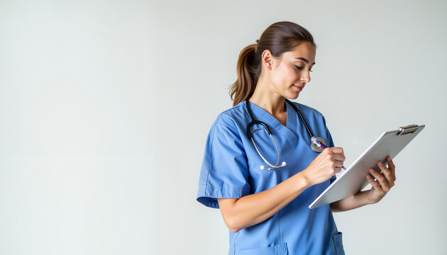Female nurse in blue scrubs writing notes on clipboard with stethoscope on light background