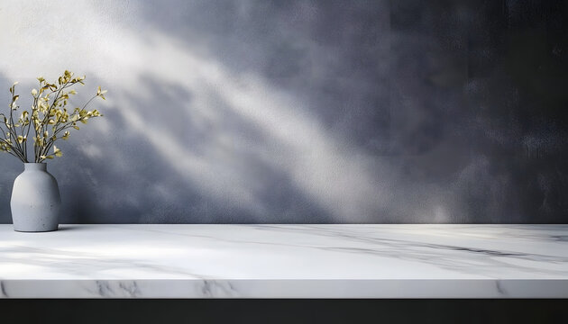 Kitchen white countertop on gray wall background. Empty marble tabletop for product presentation.