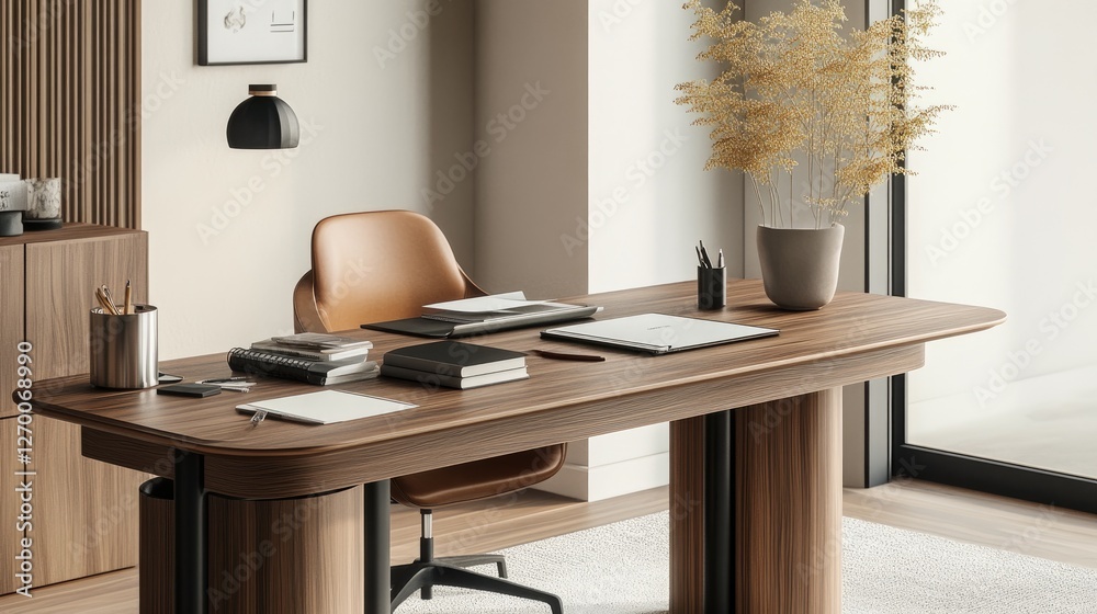 Poster a modern office desk setup with a small potted plant, a notebook, and clean lines, conveying an effi