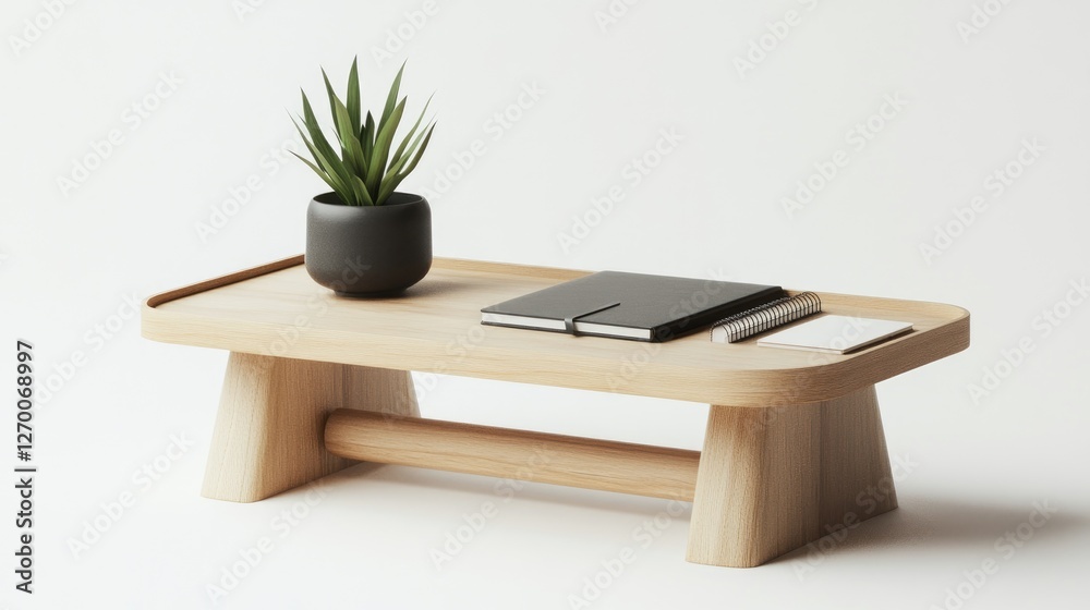 Poster a modern office desk setup with a small potted plant, a notebook, and clean lines, conveying an effi