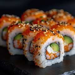 Sushi plate featuring salmon, avocado, and seaweed, a traditional Japanese dish perfect for a healthy dinner or lunch, showcasing delicious maki rolls and fresh seafood