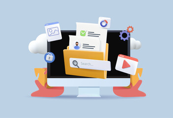 Organized archive, searching files in database 3D illustration. Records management, records and information management, documents tracking system concept. Modern vector isolated illustration