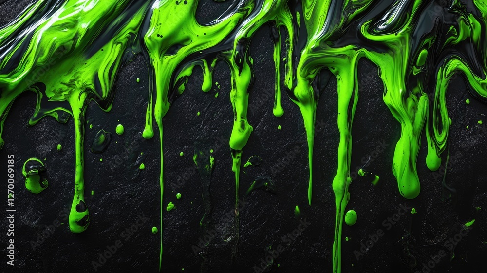 Poster a neon green and black goo texture with dripping forms, creating an eerie and toxic appearance, evok