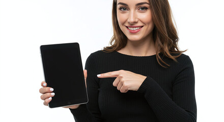 Fototapeta premium Young Woman Pointing at a Black Tablet Screen