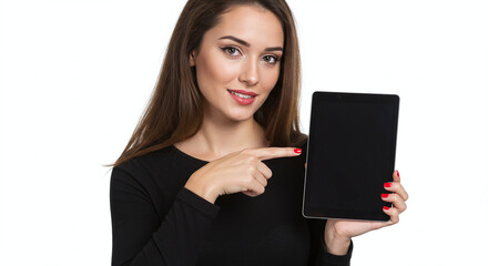 Naklejka premium Young Woman Pointing at a Black Tablet Screen