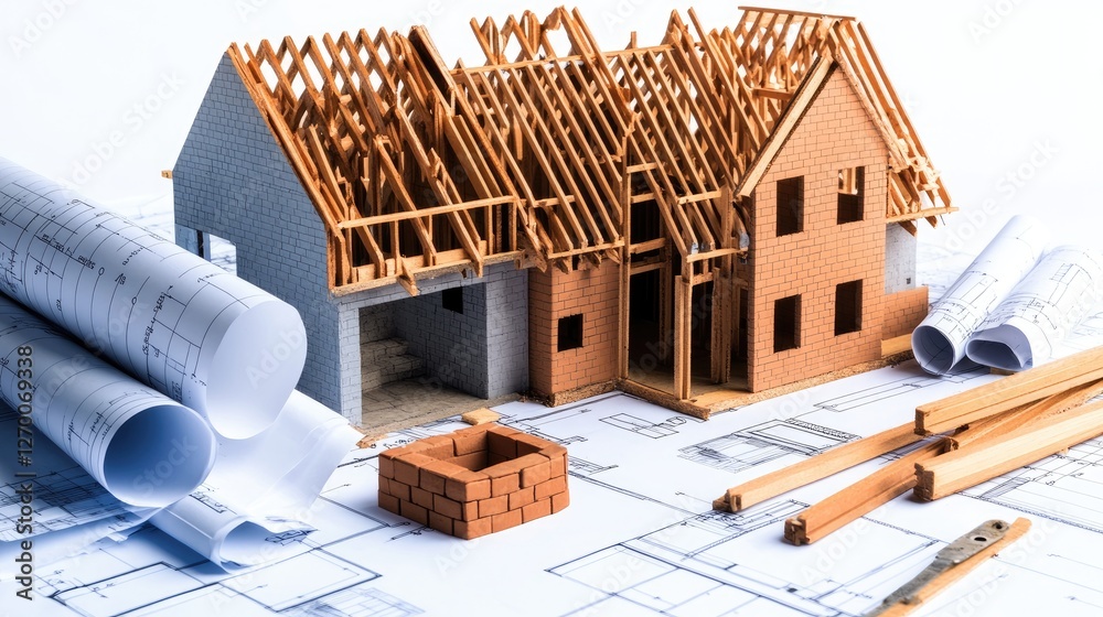 Poster a partially constructed house with bricks, blueprints, and scaffolding, symbolizing the detailed and