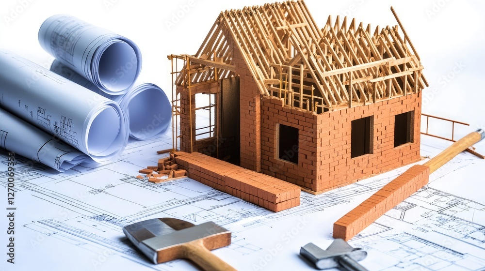 Poster a partially constructed house with bricks, blueprints, and scaffolding, symbolizing the detailed and