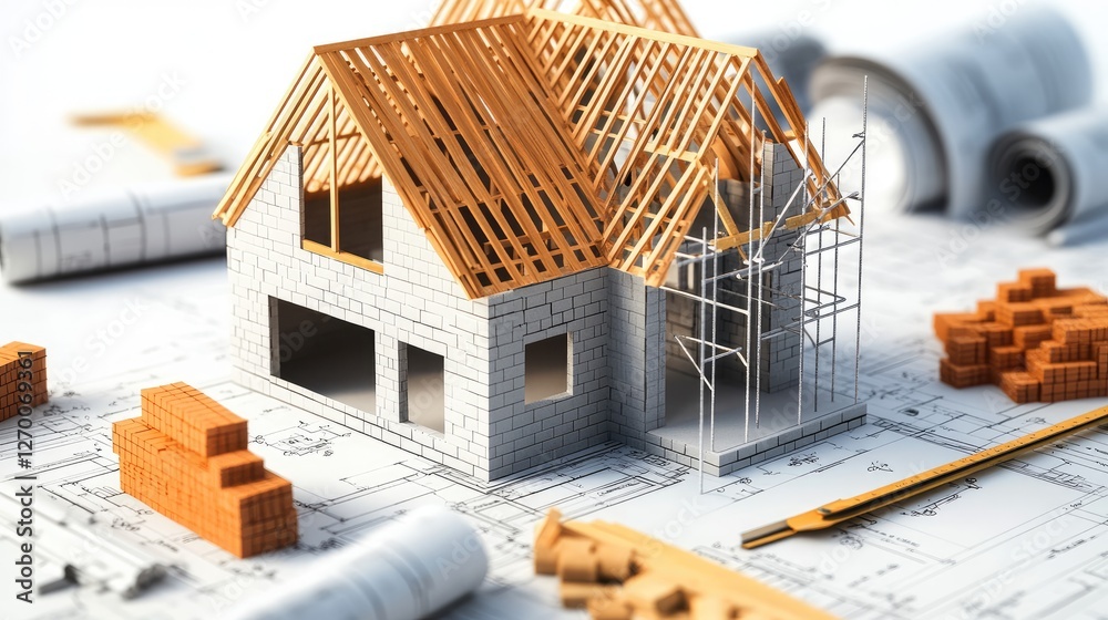 Poster a partially constructed house with bricks, blueprints, and scaffolding, symbolizing the detailed and