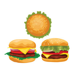 Vector illustration of hamburger in cartoon flat style. Burger or sandwich ingredients set. Cartoon restaurant food menu with tasty beef cutlet and chorizo bacon, slices of cheddar, and vegetables