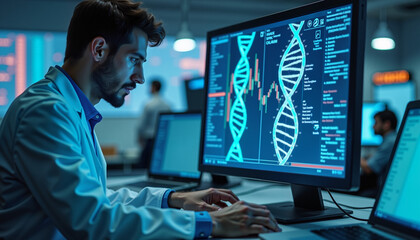 Male scientist analyzing DNA data on computer screen in laboratory with advanced technology background