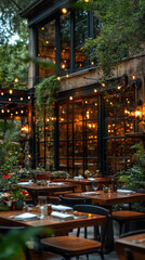 A cozy restaurant at night in a festive city, adorned with Christmas decorations and surrounded by charming old buildings, trees, and a lively street atmosphere