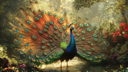 Obraz premium A peacock with its brilliant tail feathers fanned out, showcasing a colorful and intricate pattern in a beautiful natural setting.