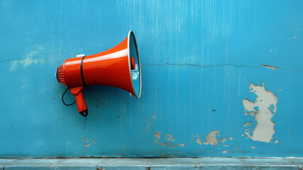 An orange megaphone is securely attached to a weathered blue wall. The wall shows signs of wear with cracks and peeling paint, conveying a sense of urban decay - Generative AI
