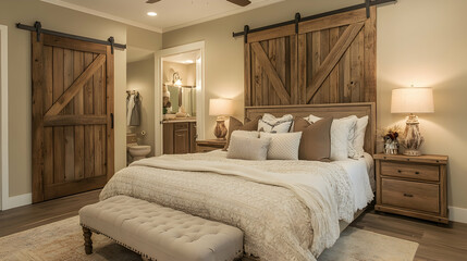 Cozy bedroom with rustic barn doors, soft lighting, and a warm, inviting atmosphere
