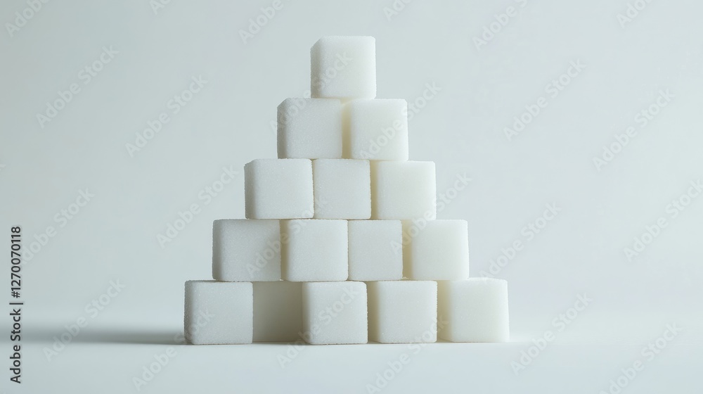 Poster a pyramid of perfectly stacked white sugar cubes on a clean, white background, capturing the simplic