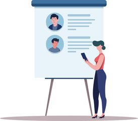 Professional Profile Review Presentation: Woman Analyzing Projected Profiles with a Tablet