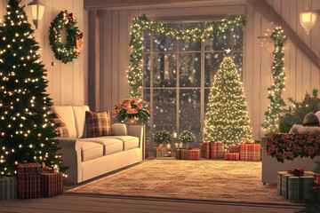 Cozy holiday scene with Christmas trees and sparkling lights for festive gatherings