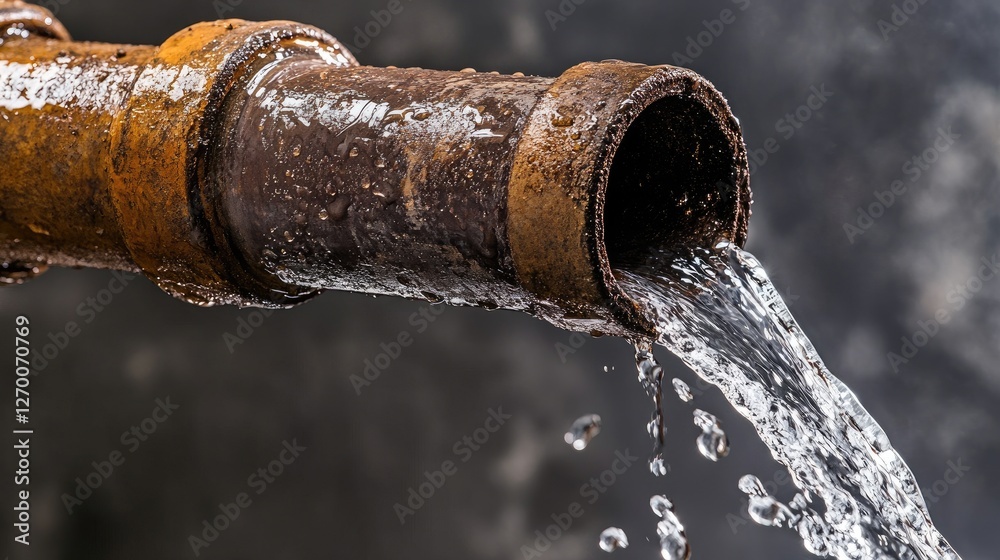 Poster a rusty water pipe leaking water, creating a burst effect, symbolizing the necessity of professional