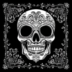 Fototapeta premium Ornate Sugar Skull Design, Day of the Dead, Mexican Heritage, Black Background, Print