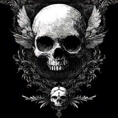 Obraz premium Skull with Wings on Dark Background. Graphic Design. Possible Use T-shirt Design