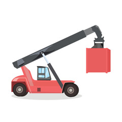 Vector illustration of container handler in cartoon flat style. Cargo container forklift truck in action. Set of profile side view commercial forklift for logistic company in port or warehouse