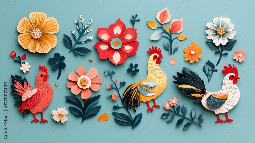 Poster a set of fussy cut templates for flowers and chicken designs, ideal for crafting projects, displayed