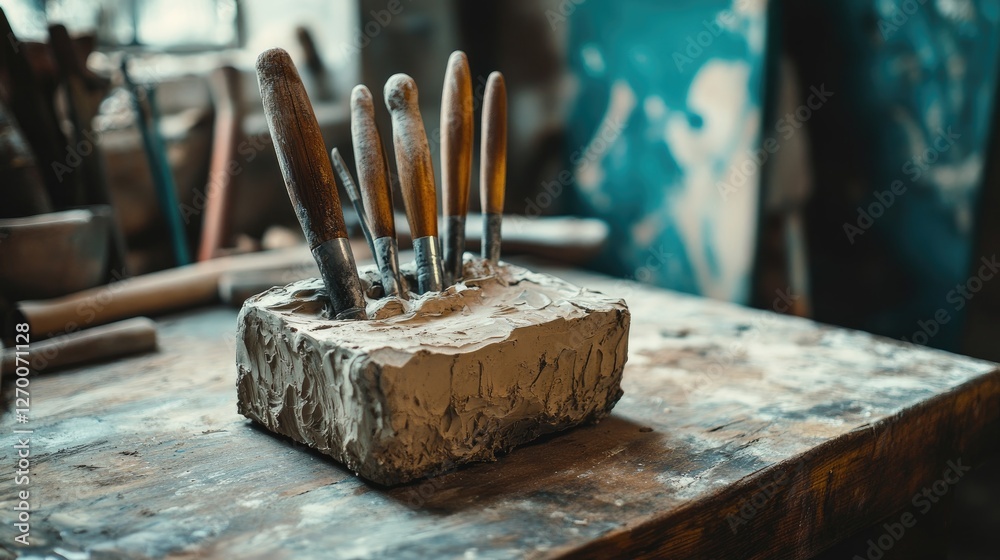 Aufkleber A set of sculpting tools embedded in a block of clay on a wooden workbench, capturing the process of artistic creation and craftsmanship.