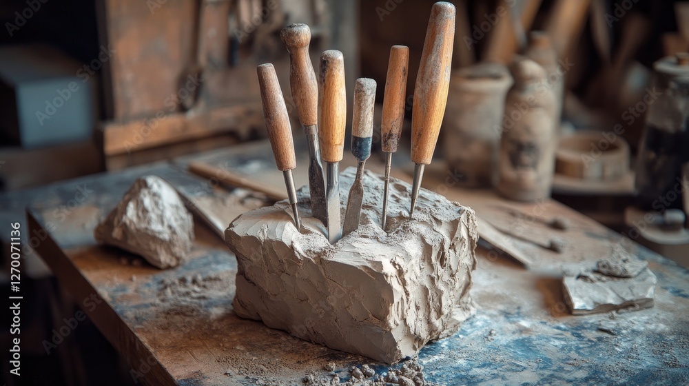 Poster A set of sculpting tools embedded in a block of clay on a wooden workbench, capturing the process of artistic creation and craftsmanship.