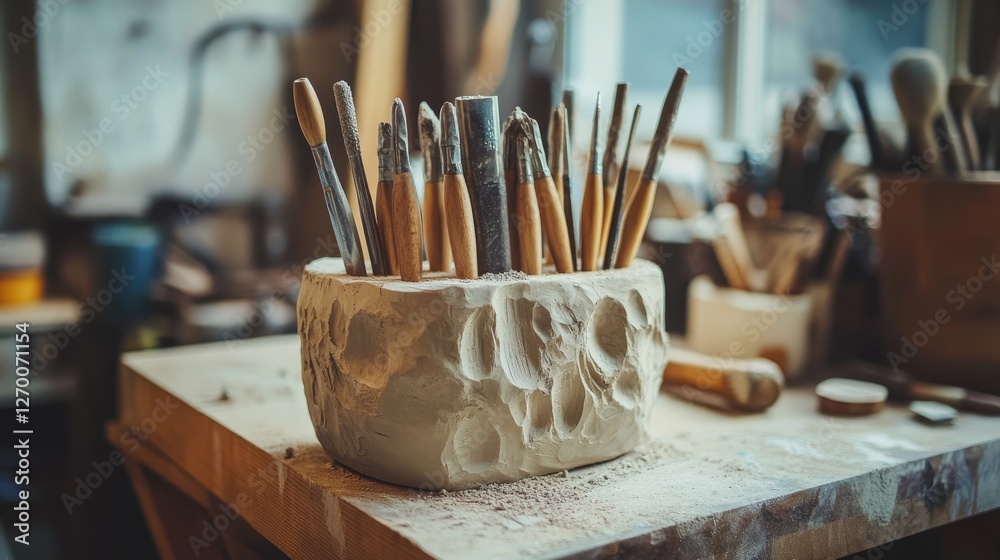 Poster A set of sculpting tools embedded in a block of clay on a wooden workbench, capturing the process of artistic creation and craftsmanship.