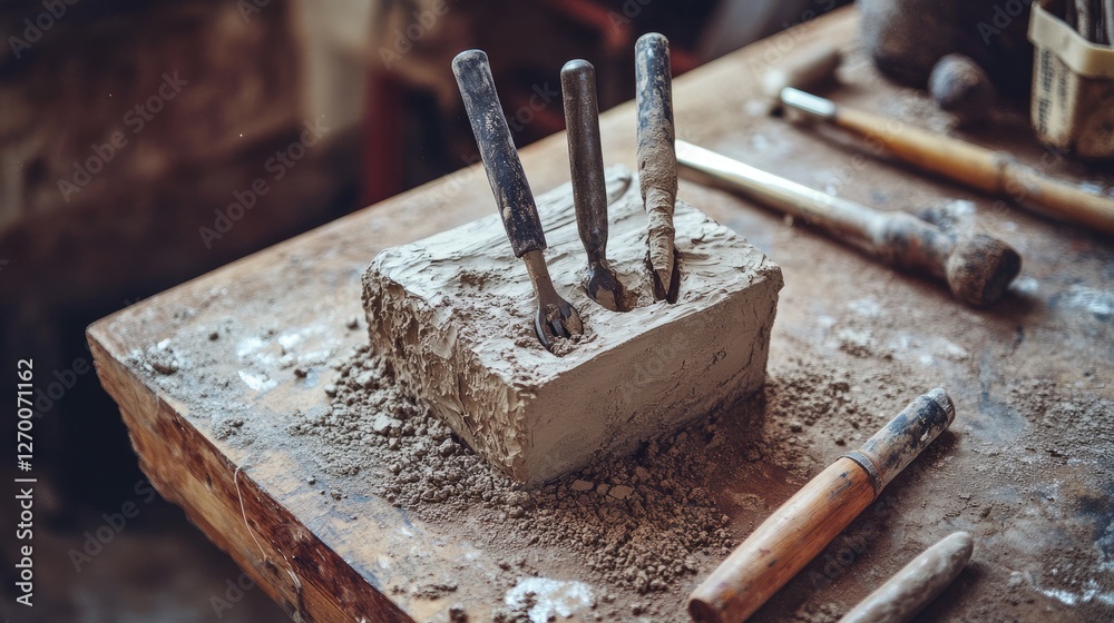 Poster A set of sculpting tools embedded in a block of clay on a wooden workbench, capturing the process of artistic creation and craftsmanship.