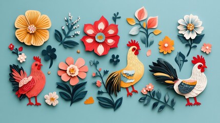 A set of fussy cut templates for flowers and chicken designs, ideal for crafting projects, displayed in neat and organized layers for easy use.