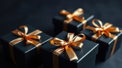 Four elegantly wrapped gifts, adorned with shimmering golden ribbons, sit against a dark background. Luxurious presents.