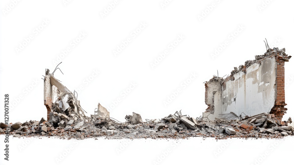 Poster a side view of structural ruins and debris from a destroyed building, set against a clean white back