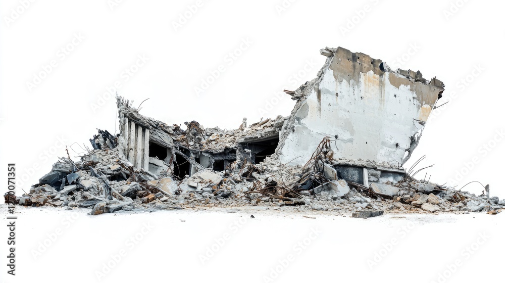 Poster a side view of structural ruins and debris from a destroyed building, set against a clean white back