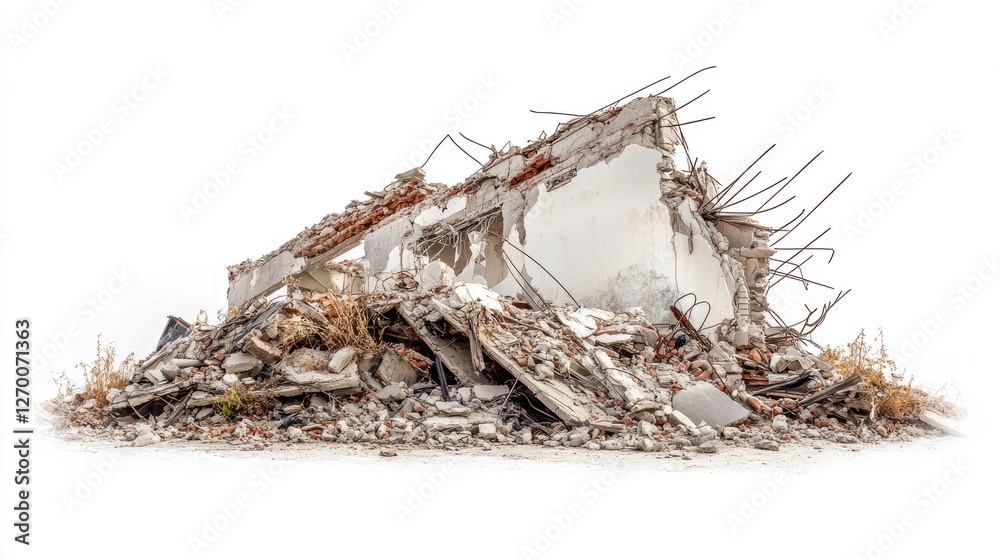 Poster a side view of structural ruins and debris from a destroyed building, set against a clean white back