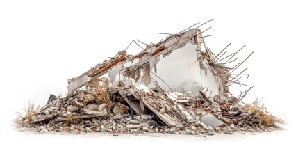 Naklejka premium A side view of structural ruins and debris from a destroyed building, set against a clean white background, symbolizing the aftermath of destruction.