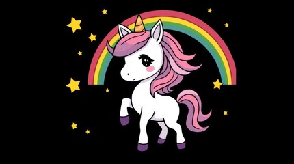 Cartoon illustration of a unicorn with a rainbow and stars on a black background. Vector artwork.