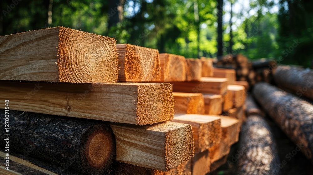 Poster a stack of freshly cut lumber beams drying in the sun, surrounded by logs and greenery, emphasizing 