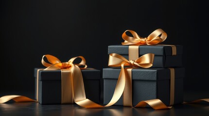 Elegant gift boxes with golden ribbons against a dark background create a luxurious and celebratory atmosphere.