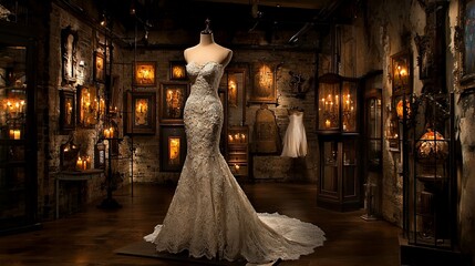 Elegant lace wedding gown displayed in a dimly lit antique room.