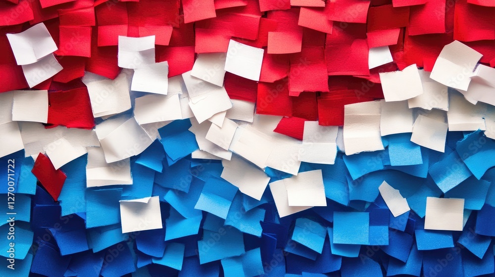 Poster a striking abstract image formed by red, white, and blue sticky notes arranged in a bold pattern, ev